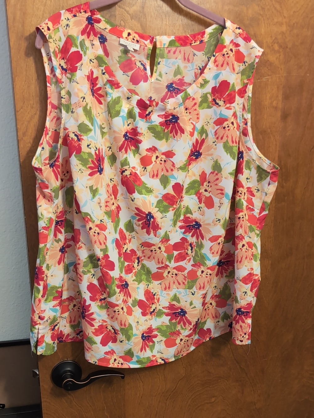 Talbots Bright Floral Gathered Neck Sleeveless Top- Coral, Pink, Green, Blue